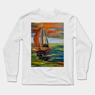 A father and his two sons out for a evening sailing at sunset . Long Sleeve T-Shirt